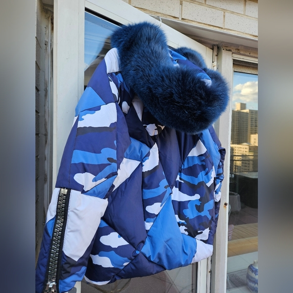 NWT Marco Del Forte Womens Winter Camo Blue Coat with Real Fur. Made in Italy - Picture 5 of 16